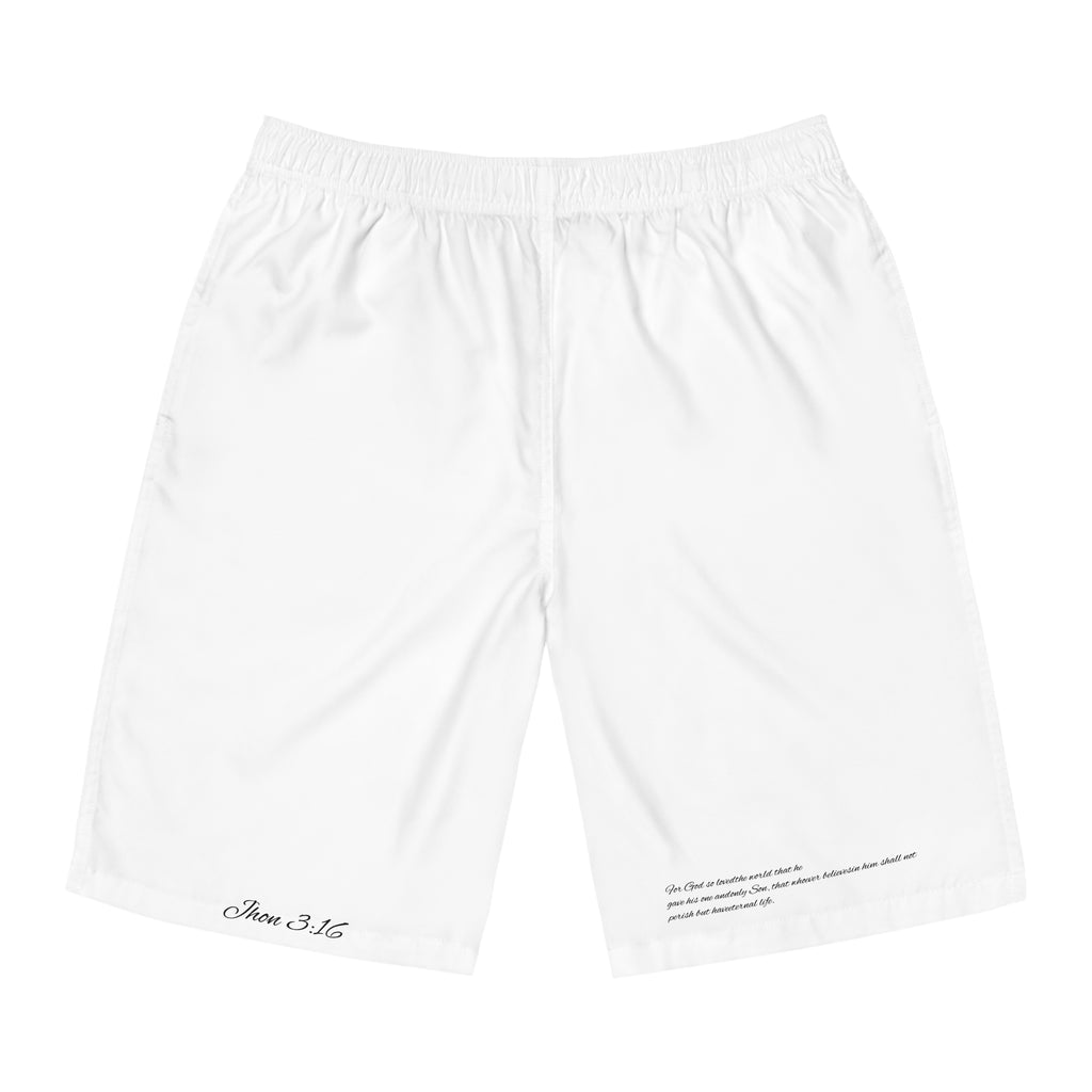 Scripture-Stamped Men's Board Shorts - John 3:16 "For God so loved the world that he gave his one and only Son, that whoever believes in him shall not perish but have eternal life."