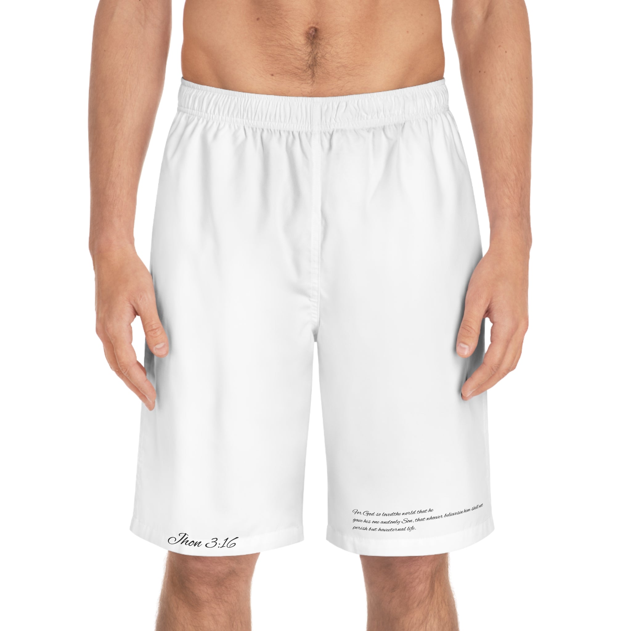 Scripture-Stamped Men's Board Shorts - John 3:16 "For God so loved the world that he gave his one and only Son, that whoever believes in him shall not perish but have eternal life."