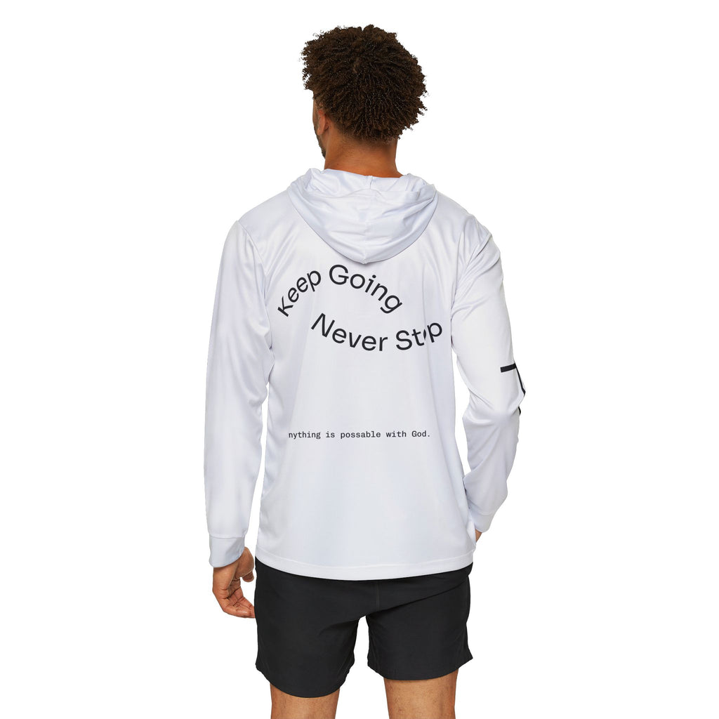 Men's Inspirational Sports Hoodie — "More Jesus Less Worrying / Keep Going Never Stop"